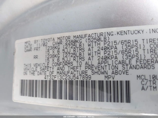 2003 Toyota Sienna Le მანქანა იყიდება აუქციონზე, vin: 4T3ZF13C23U547899, აუქციონის ნომერი: 43855991