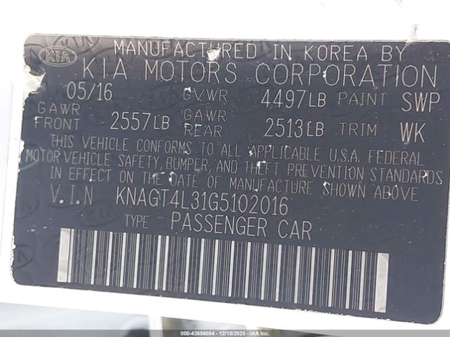 2016 KIA OPTIMA KNAGT4L31G5102016 Photo 8