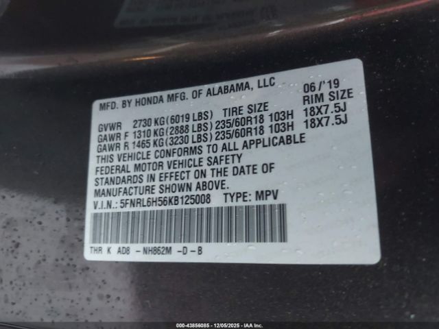 2019 HONDA ODYSSEY 5FNRL6H56KB125008 Photo 8