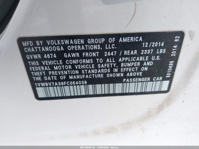 2015 VOLKSWAGEN PASSAT 1VWBV7A39FC054039 Photo 8