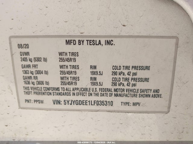 2020 TESLA MODEL Y 5YJYGDEE1LF035310 Photo 8