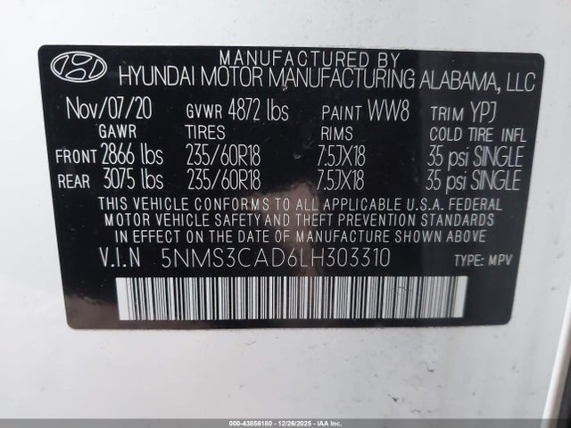 Продаж на аукціоні авто 2020 Hyundai Santa Fe Sel, vin: 5NMS3CAD6LH303310, номер лоту: 43856180