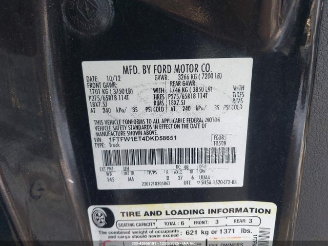 Продажа на аукционе авто 2013 Ford F-150 Xlt, vin: 1FTFW1ET4DKD58651, номер лота: 43856191