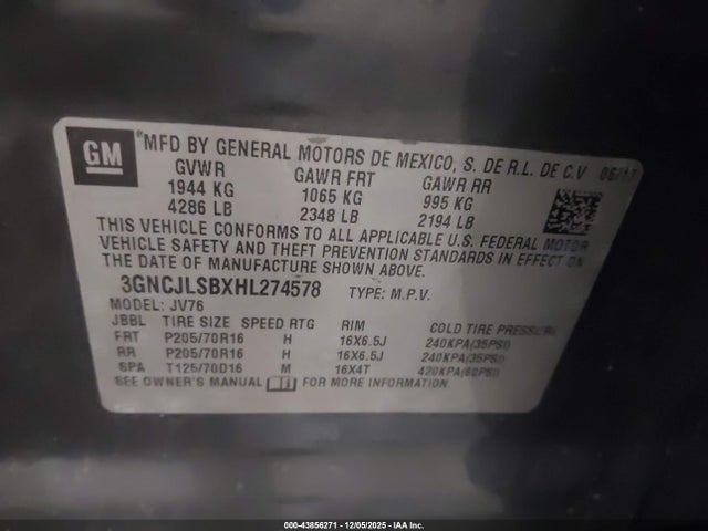 Продаж на аукціоні авто 2017 Chevrolet Trax Lt, vin: 3GNCJLSBXHL274578, номер лоту: 43856271