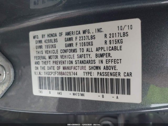 2011 Honda Accord 2.4 Lx მანქანა იყიდება აუქციონზე, vin: 1HGCP2F39BA029744, აუქციონის ნომერი: 43856433