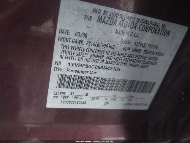 Aukcja sprzedaży 2008 Mazda Mazda6 I Sport Ve, vin: 1YVHP80C885M42105, numer aukcji: 43856460