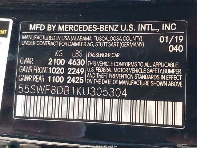 55SWF8DB1KU305304 Mercedes-Benz C 300