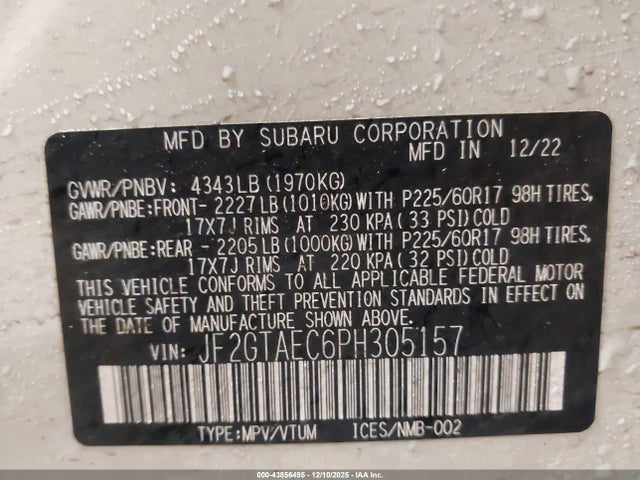 43856495 :رقم المزاد ، JF2GTAEC6PH305157 vin ، 2023 Subaru Crosstrek Premium مزاد بيع