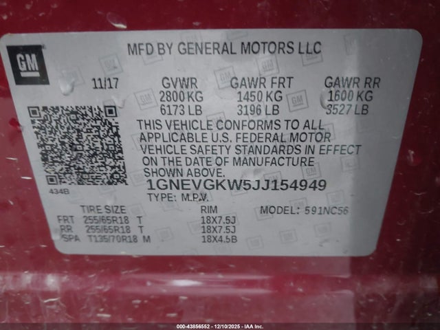 2018 Chevrolet Traverse 1lt მანქანა იყიდება აუქციონზე, vin: 1GNEVGKW5JJ154949, აუქციონის ნომერი: 43856552
