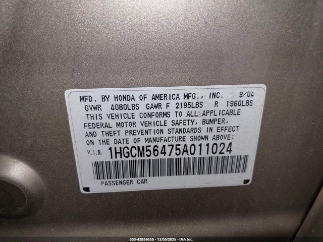 43856655 :رقم المزاد ، 1HGCM56475A011024 vin ، 2005 Honda Accord 2.4 Lx مزاد بيع