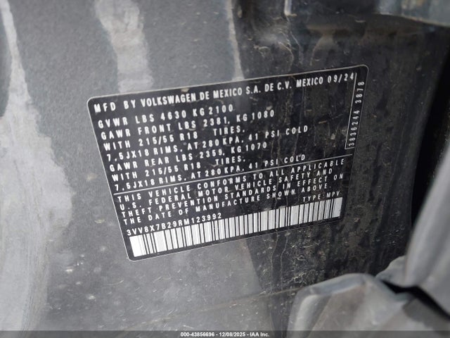 2024 Volkswagen Taos 1.5t S მანქანა იყიდება აუქციონზე, vin: 3VV8X7B29RM123992, აუქციონის ნომერი: 43856696