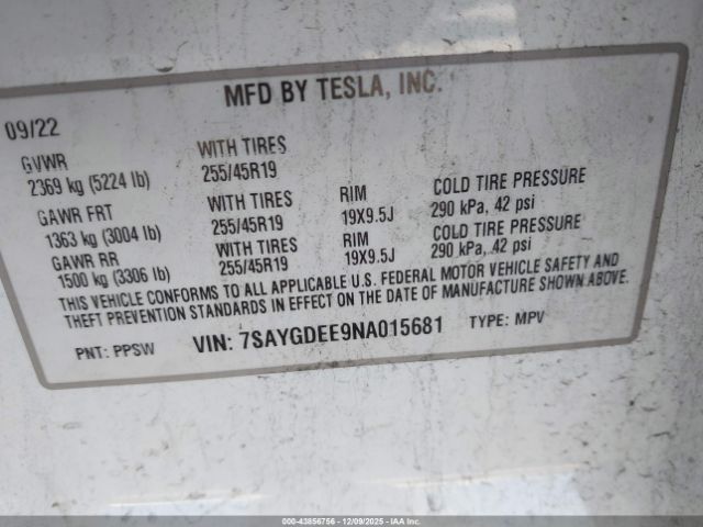 2022 TESLA MODEL Y 7SAYGDEE9NA015681 Photo 8