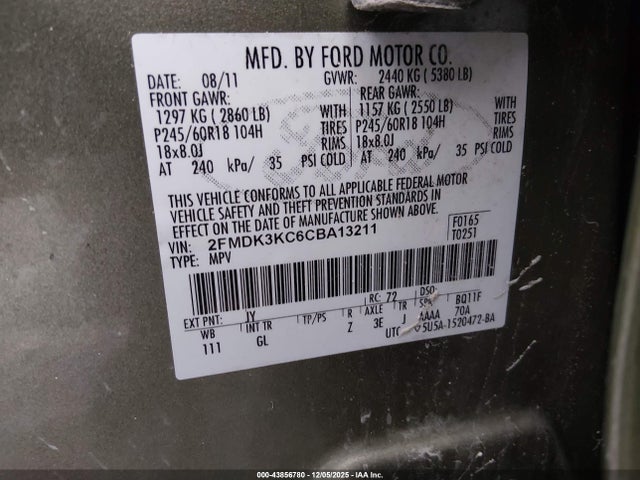 43856780 :رقم المزاد ، 2FMDK3KC6CBA13211 vin ، 2012 Ford Edge Limited مزاد بيع