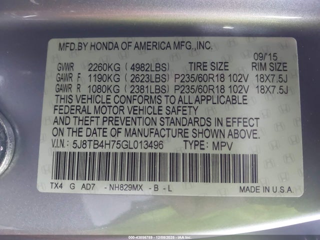 Продажа на аукционе авто 2016 Acura Rdx Advance Pkg, vin: 5J8TB4H75GL013496, номер лота: 43856789