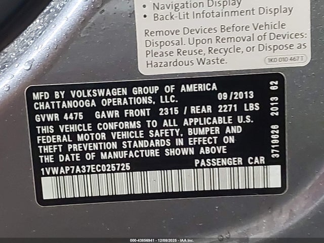 2014 Volkswagen Passat 2.5l S მანქანა იყიდება აუქციონზე, vin: 1VWAP7A37EC025725, აუქციონის ნომერი: 43856941