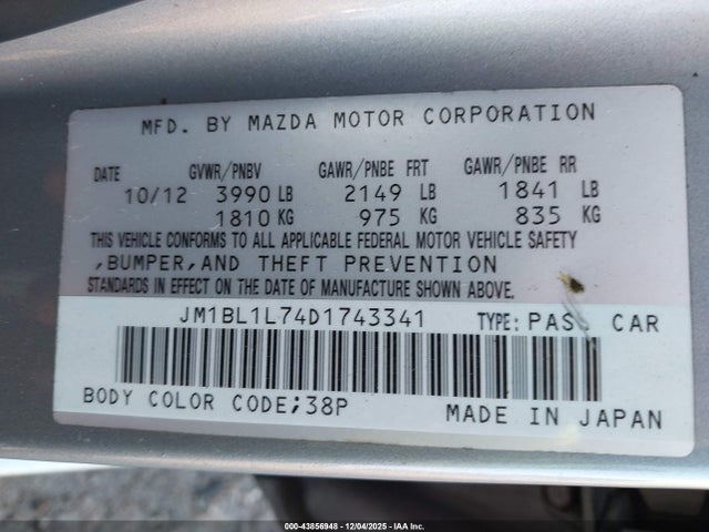 43856948 :رقم المزاد ، JM1BL1L74D1743341 vin ، 2013 Mazda Mazda3 I Touring مزاد بيع