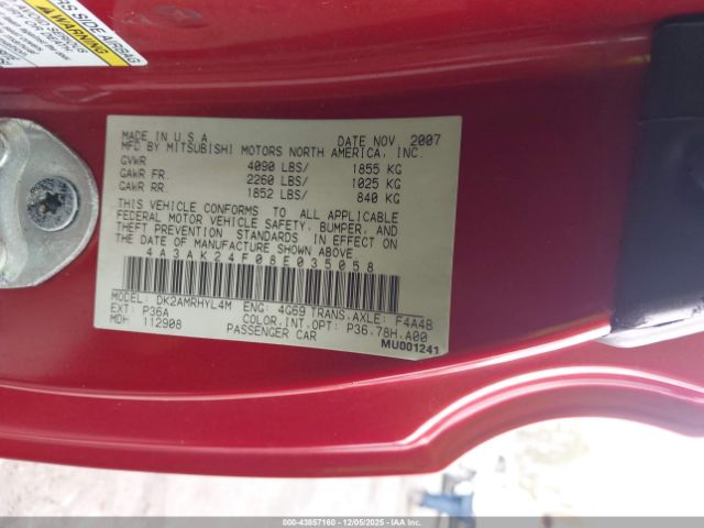 2008 MITSUBISHI ECLIPSE 4A3AK24F08E035058 Photo 8