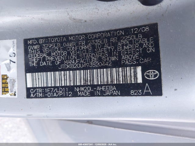 Aukcja sprzedaży 2009 Toyota Prius, vin: JTDKB20U493520442, numer aukcji: 43857241
