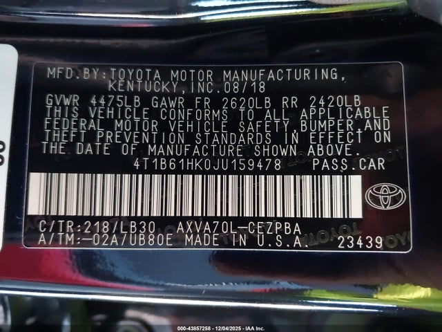 4T1B61HK0JU159478 Toyota CAMRY XSE