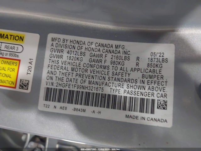 Aukcja sprzedaży 2022 Honda Civic Touring, vin: 2HGFE1F99NH321675, numer aukcji: 43857280