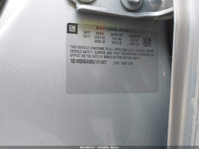 2011 Chevrolet Volt მანქანა იყიდება აუქციონზე, vin: 1G1RD6E40BU101487, აუქციონის ნომერი: 43857417