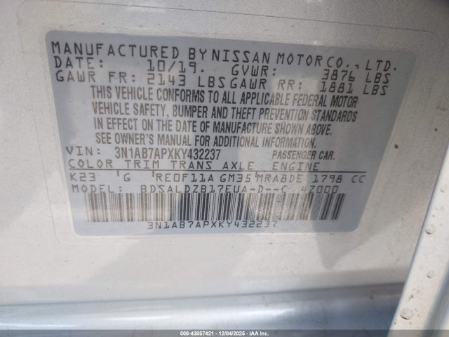 2019 Nissan Sentra Sv მანქანა იყიდება აუქციონზე, vin: 3N1AB7APXKY432237, აუქციონის ნომერი: 43857421