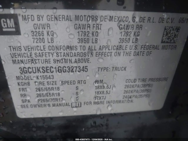 2016 Chevrolet Silverado 1500 2lz მანქანა იყიდება აუქციონზე, vin: 3GCUKSEC1GG327345, აუქციონის ნომერი: 43857473