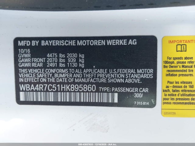 Продаж на аукціоні авто 2017 Bmw 430i, vin: WBA4R7C51HK895860, номер лоту: 43857633