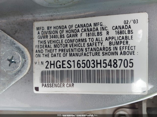 43857695 :رقم المزاد ، 2HGES16503H548705 vin ، 2003 Honda Civic Lx مزاد بيع