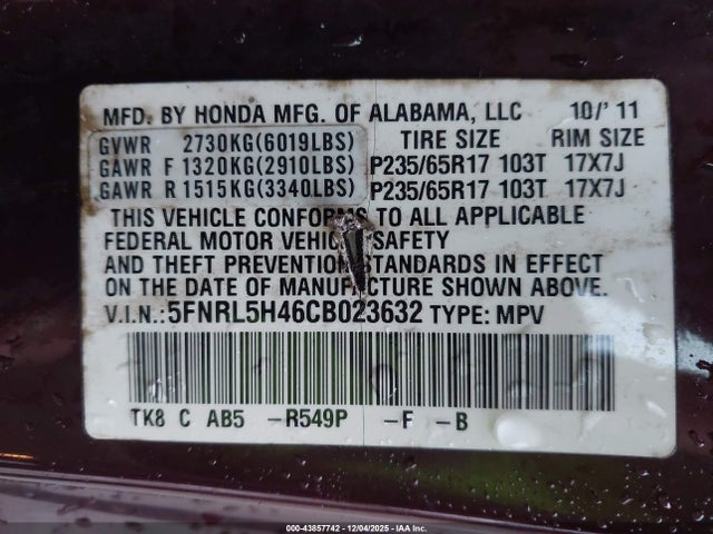 Продаж на аукціоні авто 2012 Honda Odyssey Ex, vin: 5FNRL5H46CB023632, номер лоту: 43857742