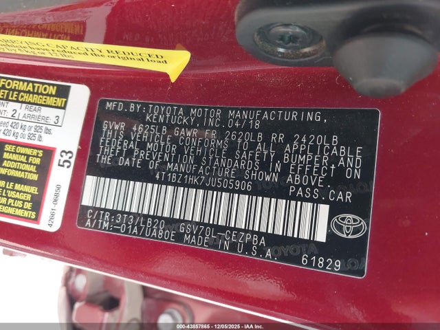4T1BZ1HK7JU505906 Toyota Camry Xse V6