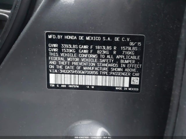 43857958 :رقم المزاد ، 3HGGK5H59GM700856 vin ، 2016 Honda Fit Lx مزاد بيع