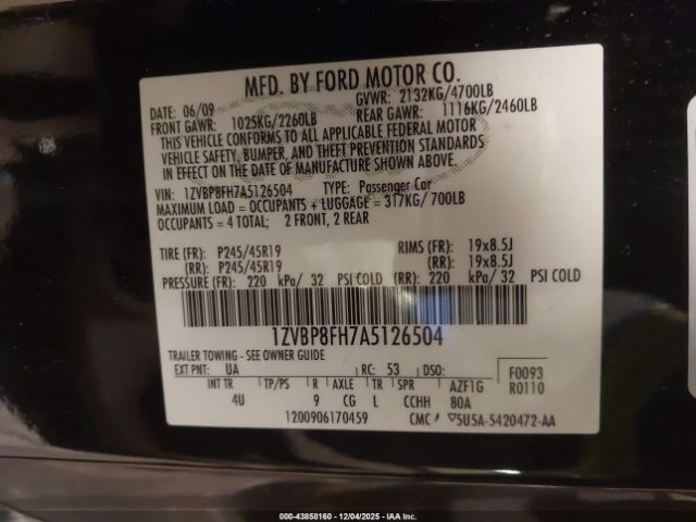 2010 FORD MUSTANG 1ZVBP8FH7A5126504 Photo 8