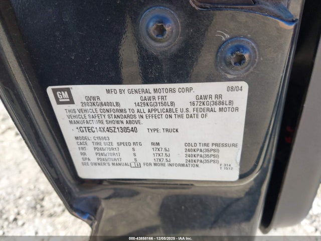2005 Gmc Sierra 1500 Work Truck მანქანა იყიდება აუქციონზე, vin: 1GTEC14X45Z130540, აუქციონის ნომერი: 43858166