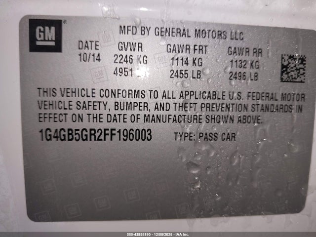 43858190 :رقم المزاد ، 1G4GB5GR2FF196003 vin ، 2015 Buick Lacrosse Leather مزاد بيع