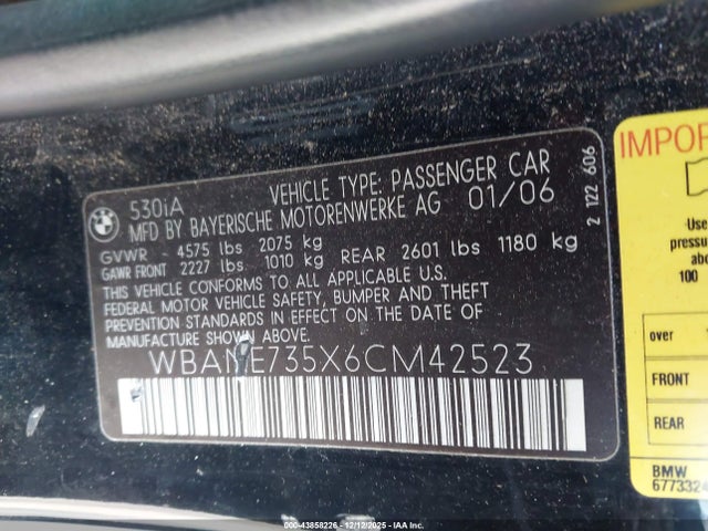 2006 Bmw 530i მანქანა იყიდება აუქციონზე, vin: WBANE735X6CM42523, აუქციონის ნომერი: 43858226