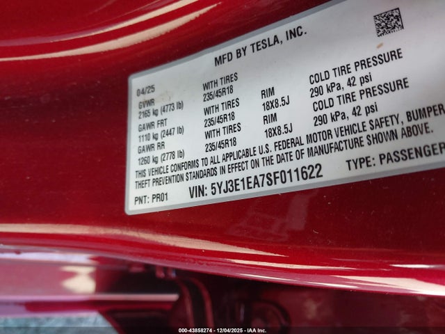 2025 TESLA MODEL 3 5YJ3E1EA7SF011622 Photo 8