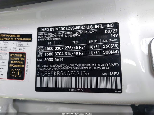 4JGFB5KB5NA703106 Mercedes-Benz Gle 450 4matic