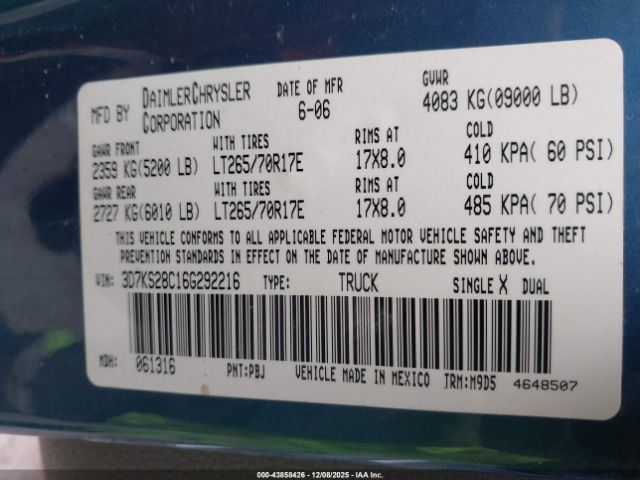 2006 DODGE RAM 2500 3D7KS28C16G292216 Photo 8