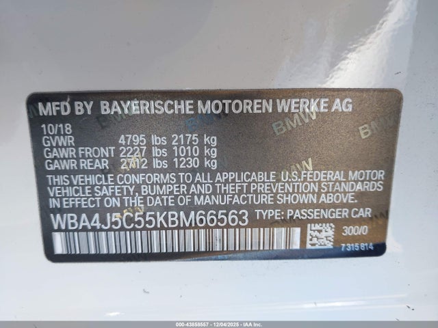 43858557 :رقم المزاد ، WBA4J5C55KBM66563 vin ، 2019 Bmw 440i Gran Coupe مزاد بيع