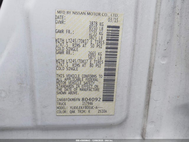 Aukcja sprzedaży 2015 Nissan Nv Cargo Nv1500 Sv V6, vin: 1N6BF0KM6FN804092, numer aukcji: 43858643