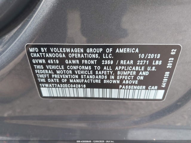 Aukcja sprzedaży 2014 Volkswagen Passat 1.8t S, vin: 1VWAT7A32EC042816, numer aukcji: 43858649