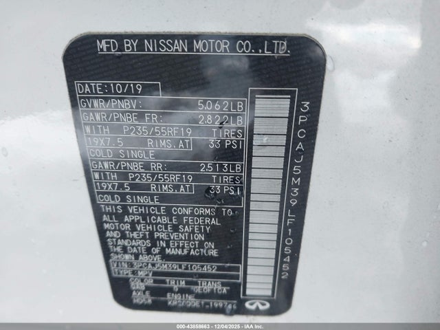 Aukcja sprzedaży 2020 Infiniti Qx50 Luxe Awd, vin: 3PCAJ5M39LF105452, numer aukcji: 43858663