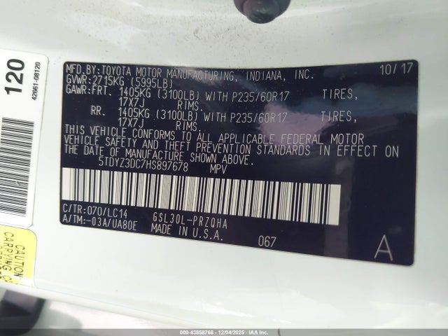 5TDYZ3DC7HS897678 Toyota Sienna Xle Premium 8 Passenger