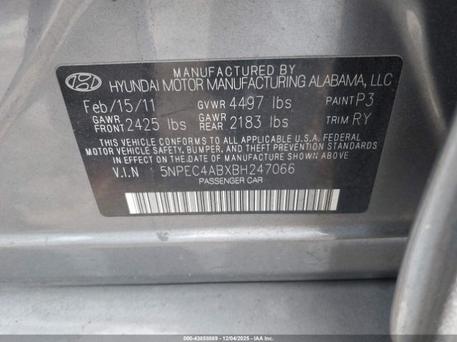 2011 HYUNDAI SONATA 5NPEC4ABXBH247066 Photo 8