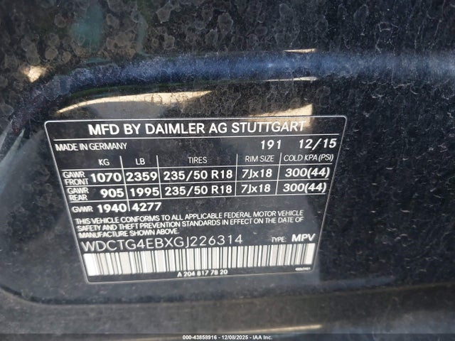 43858916 :رقم المزاد ، WDCTG4EBXGJ226314 vin ، 2016 Mercedes-benz Gla 250 مزاد بيع
