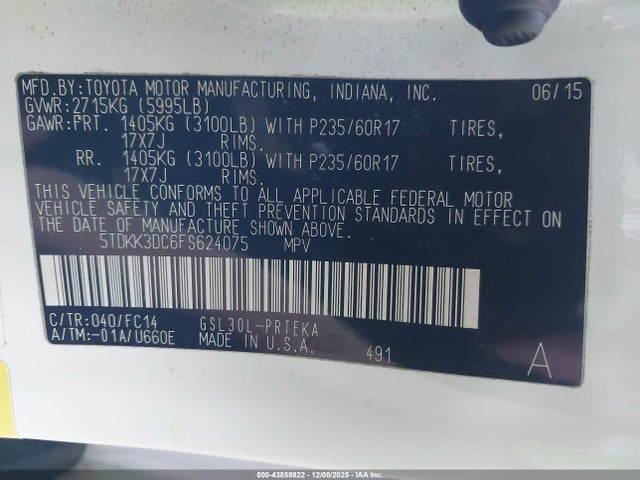 Toyota SIENNA LE 2015 5TDKK3DC6FS624075 Image 22