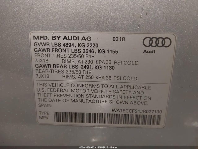 Aukcja sprzedaży 2018 Audi Q3 2.0t Premium/2.0t Sport Premium, vin: WA1ECCFS1JR027139, numer aukcji: 43858933