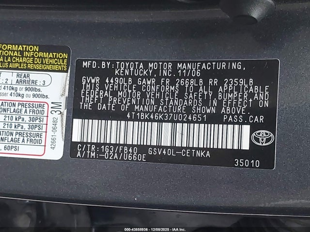 Aukcja sprzedaży 2007 Toyota Camry Le V6, vin: 4T1BK46K37U024651, numer aukcji: 43858936