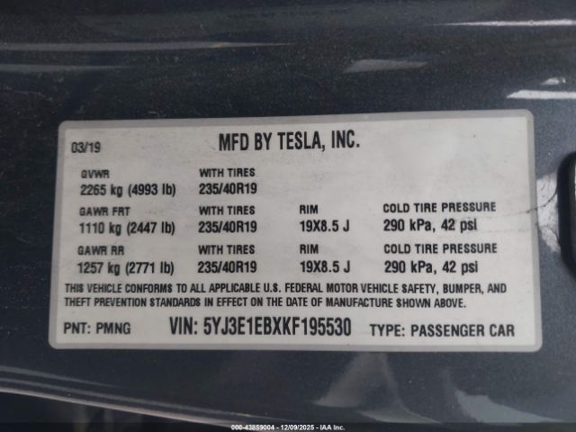 2019 TESLA MODEL 3 5YJ3E1EBXKF195530 Photo 8